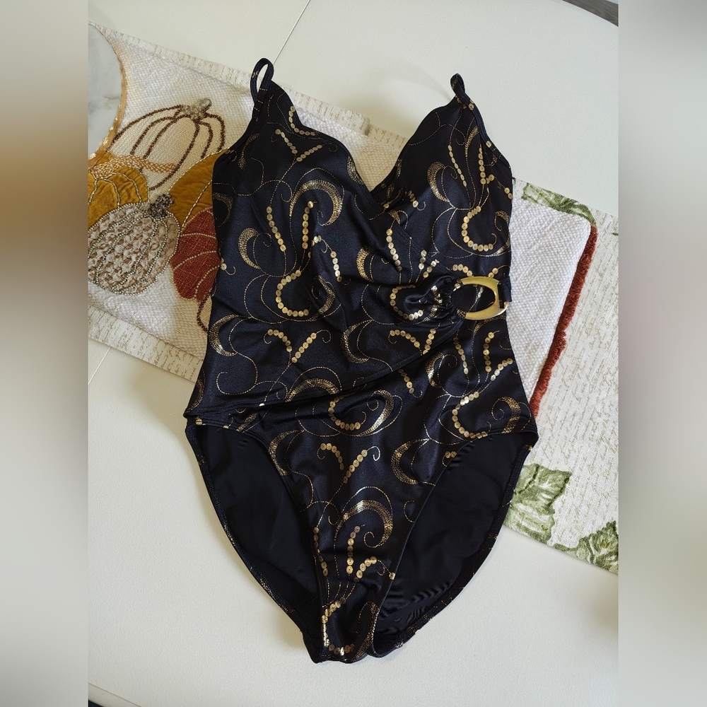 Shape FX Swim Black and Gold Swirl One-Piece Swimsuit
